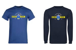 Two shirts featuring the Widener bicentennial logo - one short sleeves in royal blue; the other long sleeves in navy