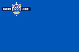 blue background with 200th logo reading 200 years historic future