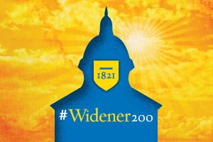 Graphic image of Old Main in blue with yellow background and the words "#Widener200"