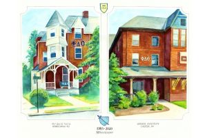 A watercolor painting showcases the two Phi Delta Theta fraternity houses, past and present, that sit on Widener's campus