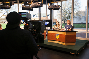 Students un WUTV Production Studio 300x200 Student filming Widener student news broadcast