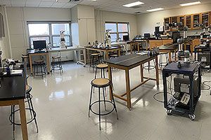 A robotics lab with a variety of robotic engineering equipment