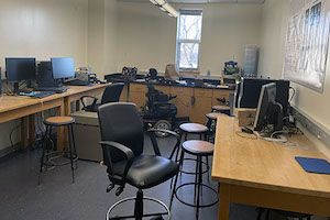 Research robotics lab with chair and desks at Widener University