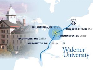A map that shows where Widener University is located compared to major cities in the Northeast.