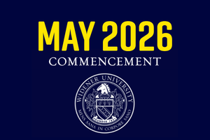 A dark blue background with yellow and white text reading "May 2026 Commencement" underneath is the Widener University seal in white.