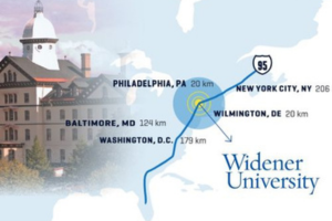 A map shows where Widener University is located geographically on a map of the East Coast, USA.