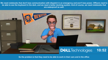 RNMKRS Sales Challenge's AI bot named Alex sitting at a desk behind a laptop