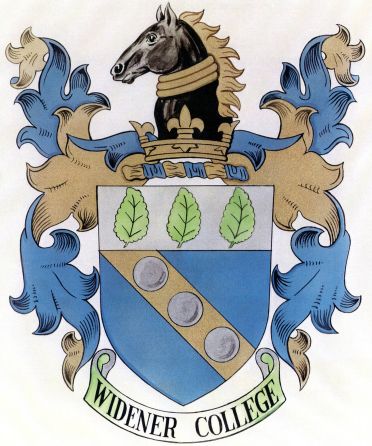 Blue and gold Widener College seal from 1970s, featuring a horse, shield and leaves