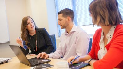 Widener's business analytics program connects its students with countless internship opportunities with Philadelphia’s global companies. Here are two business analytics major students discussing their business analytics degrees and internships with a faculty member. 
