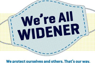 Mask that says We're All Widener