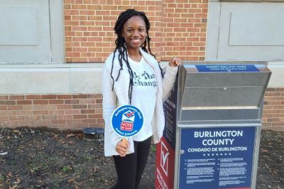 Sophomore Zora DeSeignora at the polls in Burlington County, PA.
