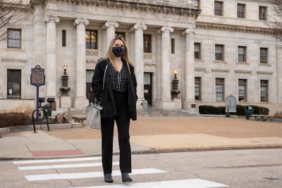 Pre-law student Samantha Peisino pictured in front of the Delaware County District Attorney’s Office.