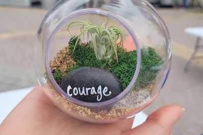 Hand holding an air plant in a bulb, with rock inside that says 'courage'