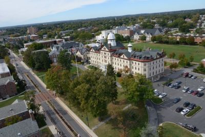 Old Main and an empty 14th Street taken from the air