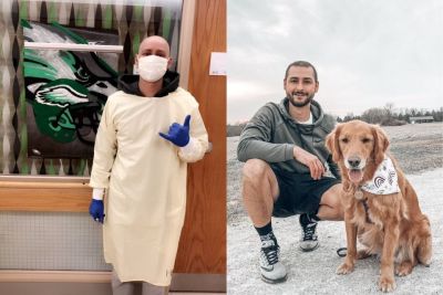 Shawn Ryan wears a mask, hospital gown, and gloves in one photo, and kneels down next to a dog in the other photo