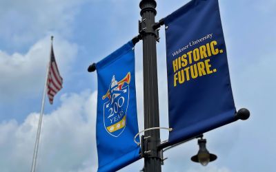 Widener Flag celebrating 200 Years reads Widener University Historic. Future.