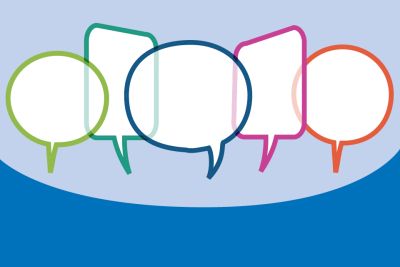 Graphic of five speech bubbles of different colors and shapes