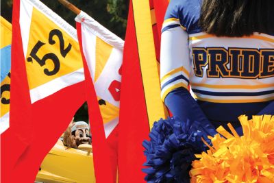 Collage of images including P-M-C flags, the Pioneer mascot in a car, and a cheerleader in a Pride uniform
