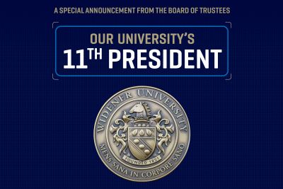 Graphic design image "Our University's 11th President" with photo of mace