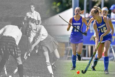 Two photos of field hockey merging together; one is black and white from the 1970s, the other is current