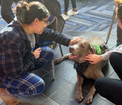 Two students petting a therapy dog in the University Center Atrium
