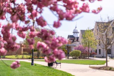 Campus shot showing Old Main dome in distance and blooming cherry tree in foreground