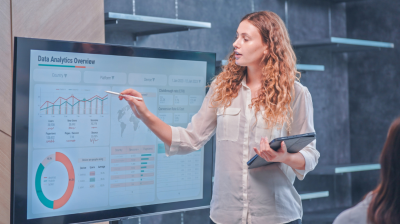 Business professional analyzes data.