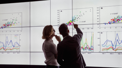 Business innovation professionals examine data on a graph.