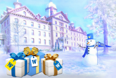 A drawing shows of an inviting Old Main covered in snow and surrounded by wrapped presents. 