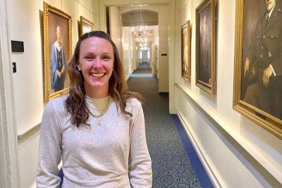 Heather Meier poses in the historic Old Main building. 