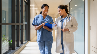 Clinical Nurse Specialist walks with another nurse in a hospital hallway.
