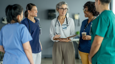 A director of nursing speaks with her nursing staff.