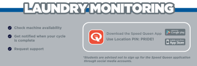 Grey info box called "Laundry Monitoring" with info on downloading Speed Queen app for using laundry machines