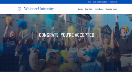 choose widener website screenshot of banner with pride mascots and students celebrating