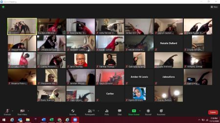 Zoom screen with 28 participants taking part in Dancing with the Deltas event 