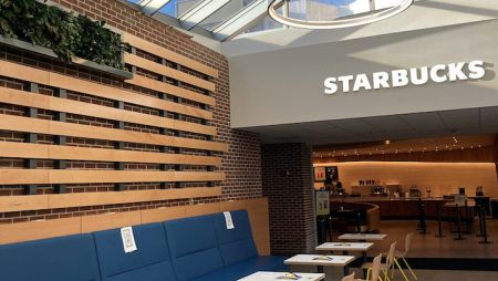 starbucks sign and atrium seating