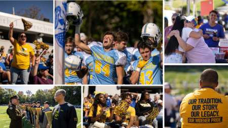 Action shots of Homecoming, including football players, cheering fans, and spectators