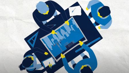 Animated image of four people looking at a construction blueprint