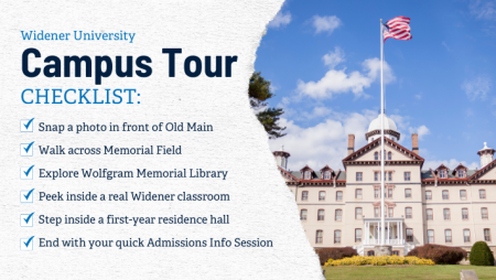 A checklist of must-see stops on your Widener University campus tour—including Old Main, Memorial Field, Wolfgram Library, residence halls, and more.