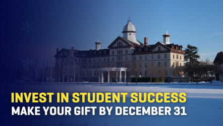 a photo of Old Main with a blue overlay and text promoting making a gift
