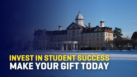 A photo of Old Main on a snowy day with a blue overlay on top of it. Text reads "Invest in Student Success. Make your Gift Today"