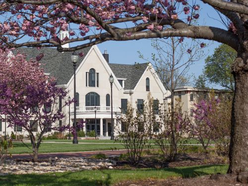 Widener University School of Nursing Founder's Hall through Cherry Blossoms
