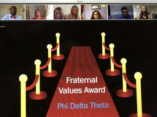 Zoom call with 6 people visible at top and graphic slide of a red carpet