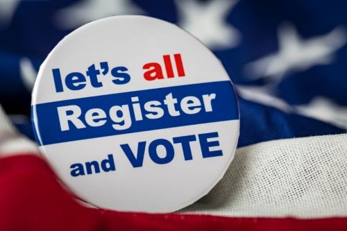 let's all register and vote election button on american flag