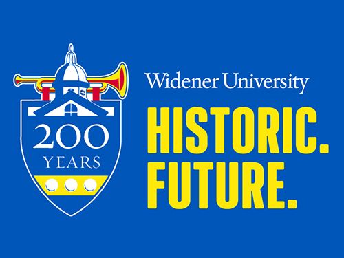 Widener bicentennial logo against a bright blue background and the words "Historic. Future." in yellow