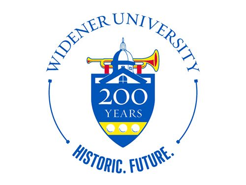 Widener bicentennial logo with &quot;200 years' shield and the words &quot;Widener University / Historic. Future.&quot; circled around it
