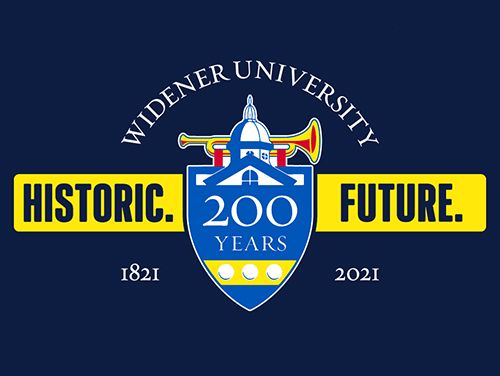 Widener bicentennial logo against a dark blue background and the words "Historic. Future." outlined in yellow.