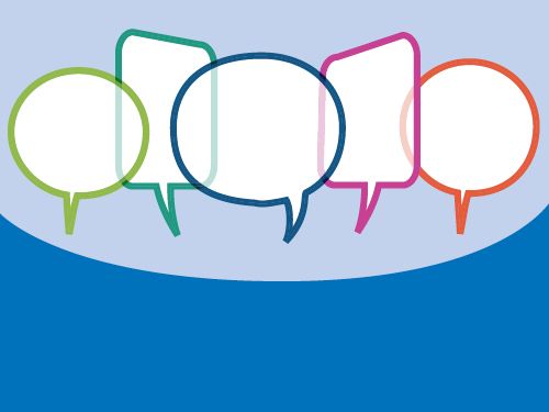Graphic of five speech bubbles in different colors and shapes