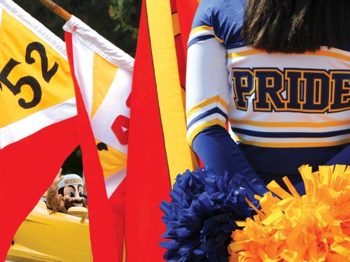 Collage of images including P-M-C flags, the Pioneer mascot in a car, and a Pride cheerleader