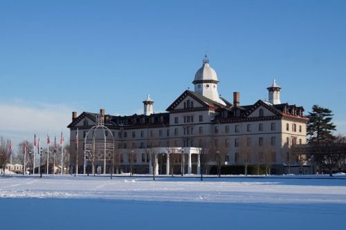 Old Main and Memorial Field covered in snow
